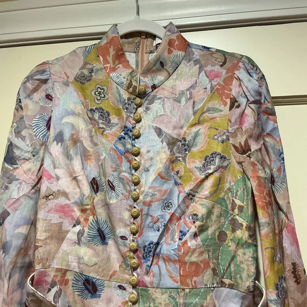 NWOT Zimmermann Belted Floral Print Linen Mini Dress Pastel Sz 3 - Picture 4 of 16